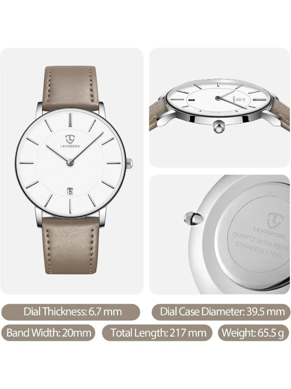 Mens White Dial Beige Leather Strap Analog Minimalist Fashion Simple Wrist Watch